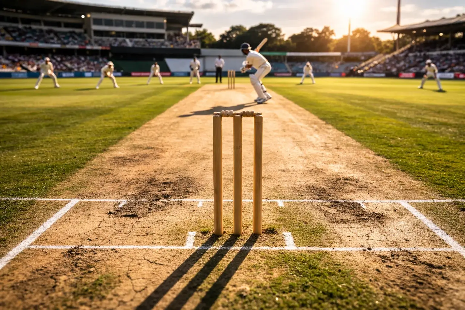 Cricketveld met batsman en bowler tijdens een internationale wedstrijd
