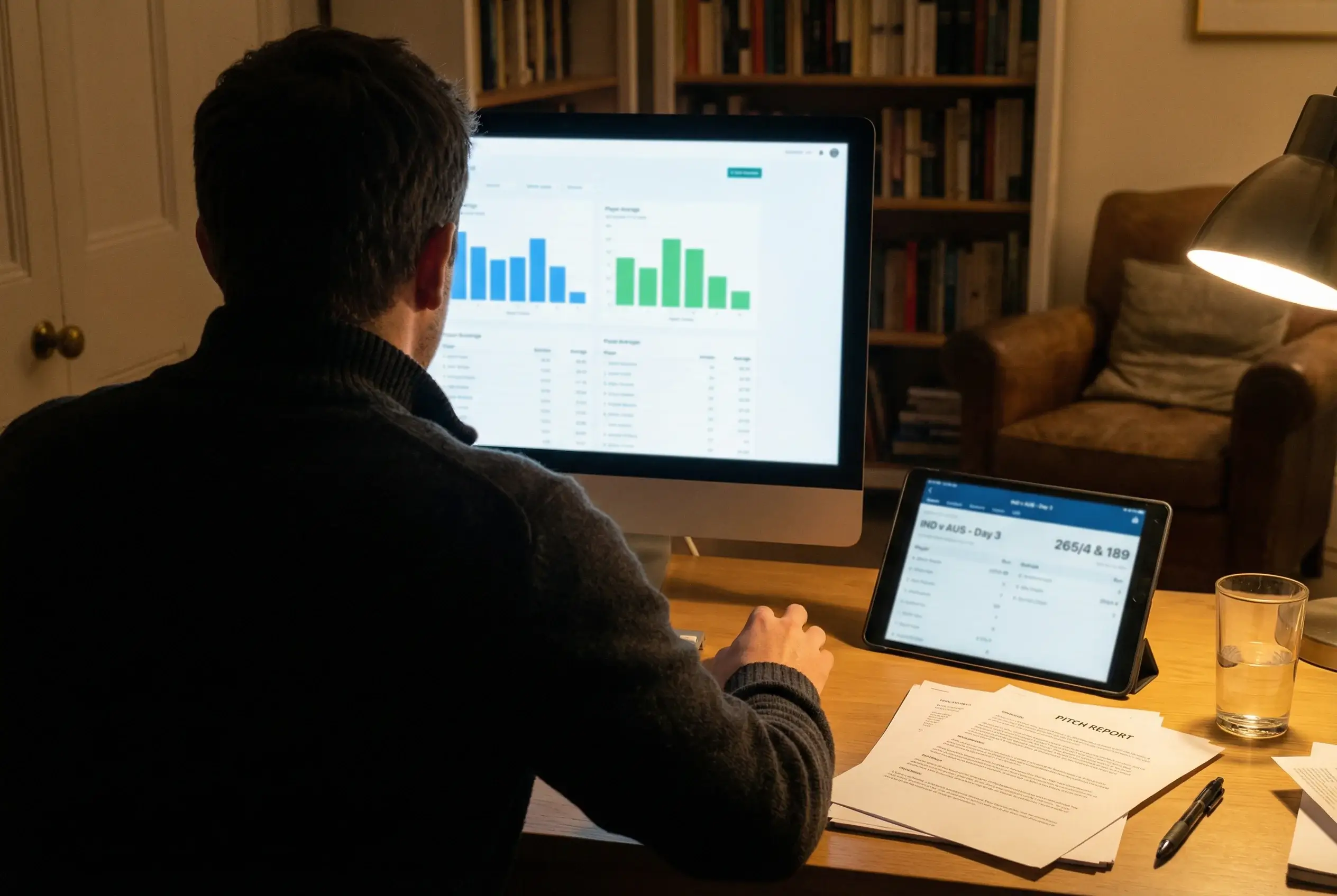 Wedder analyseert cricket statistieken en pitch report op een laptop