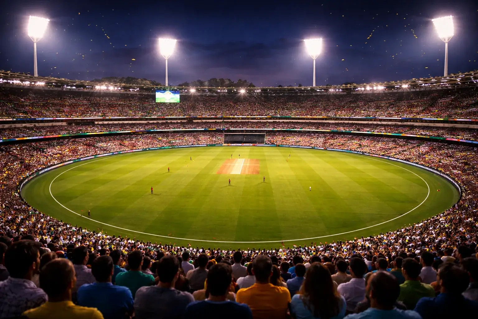 Vol cricketstadion tijdens een IPL T20 wedstrijd onder floodlights