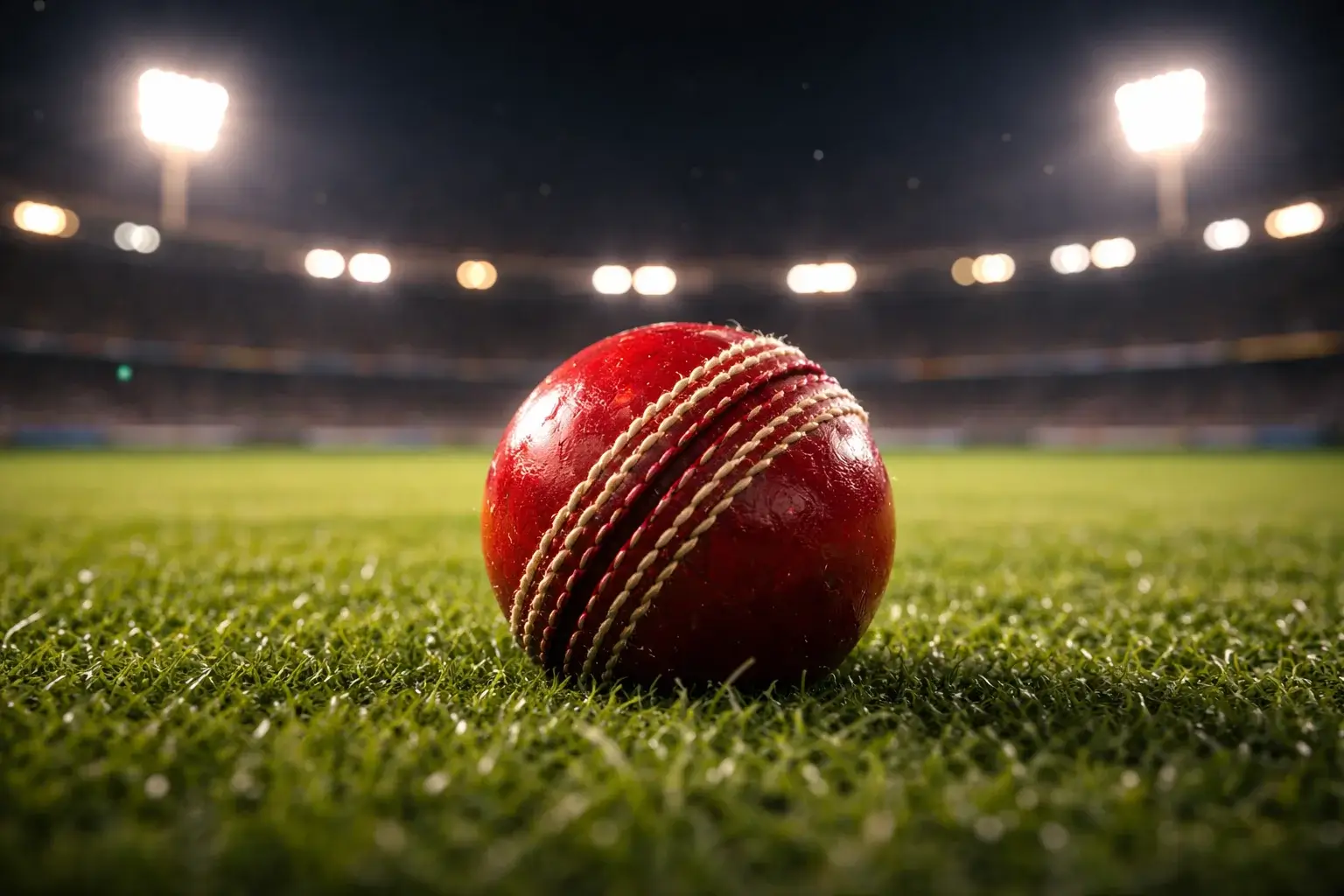 Live cricket wedden – close-up van een cricketbal op de pitch tijdens een avondwedstrijd