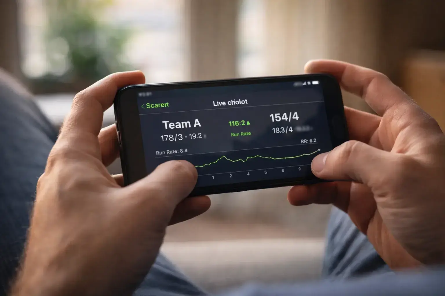 Smartphone met live cricket wedden app en scorecard tijdens een wedstrijd